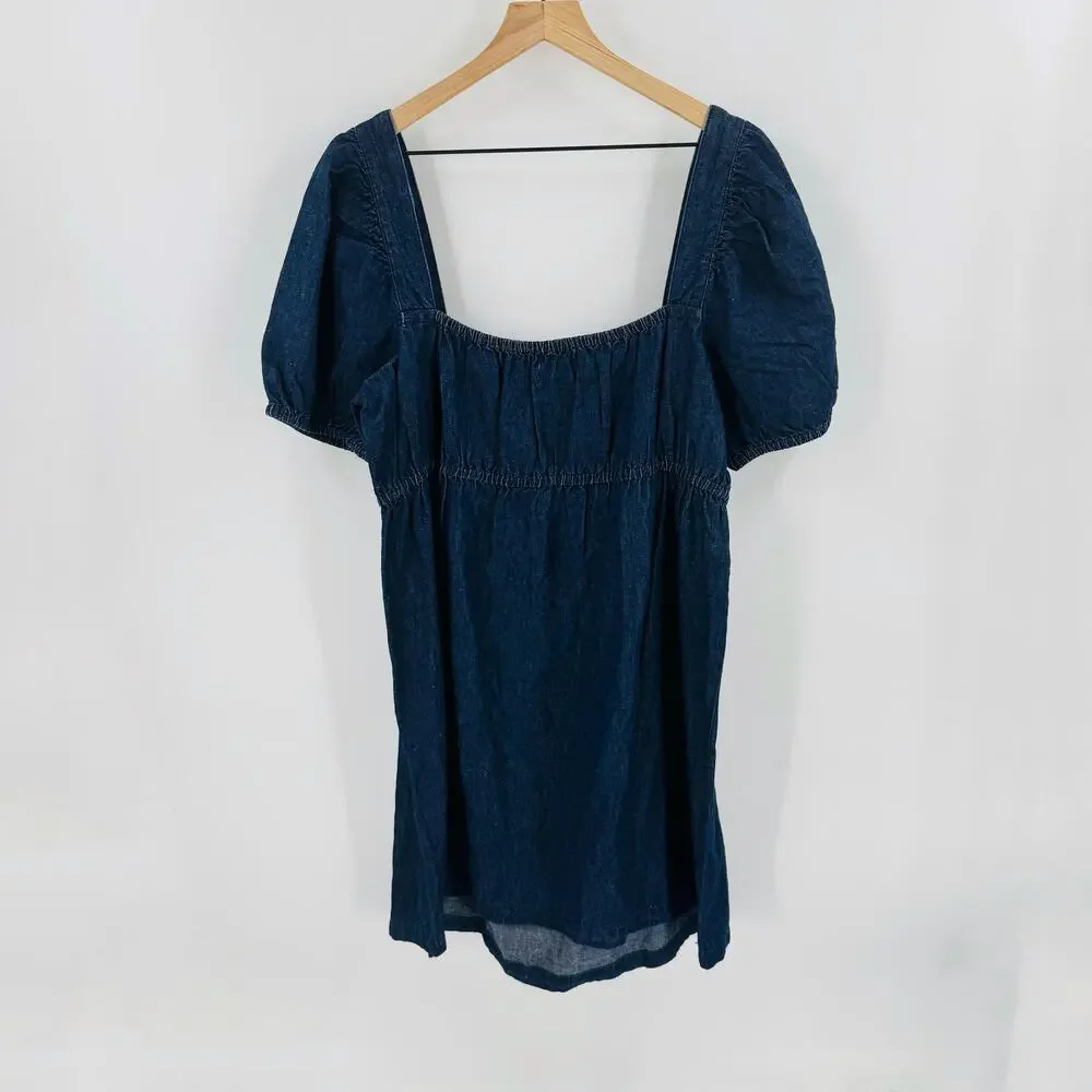 J.Crew NWT Dark Denim Puff Sleeve Square Neck Midi Dress Size 18 Milkmaid Cut - Picture 3 of 9